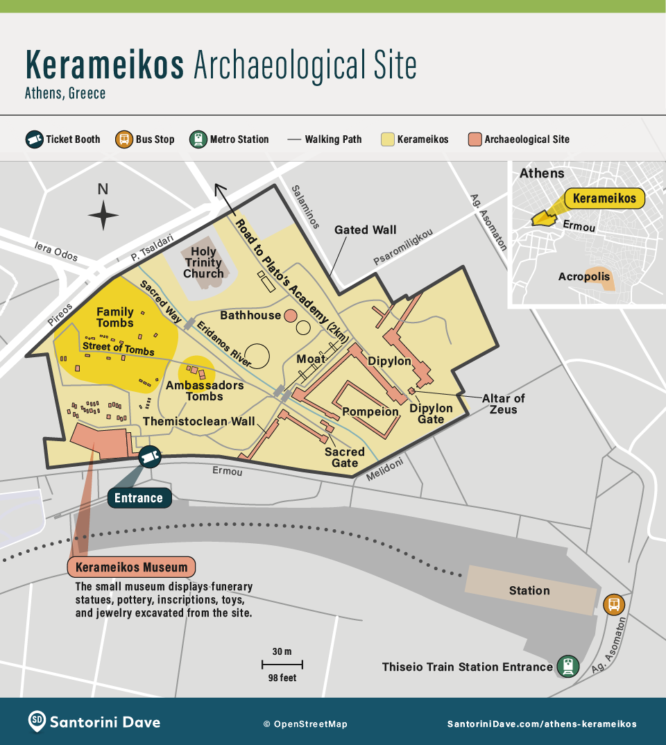 Map showing the main structures of Kerameikos Archaeological Site in Athens, Greece