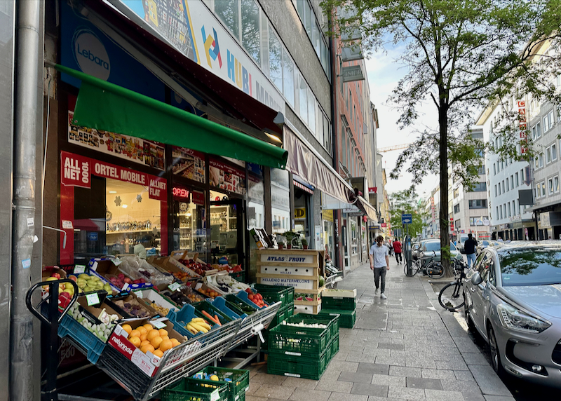 A fruit stand on a city street in Munich