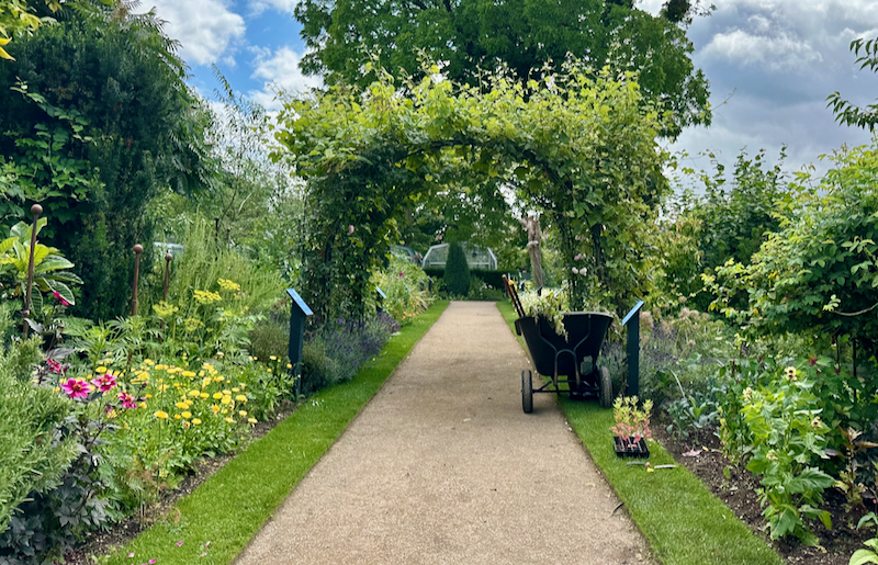 A wheelbarrow parked on a gravel path flanked by lush gardens