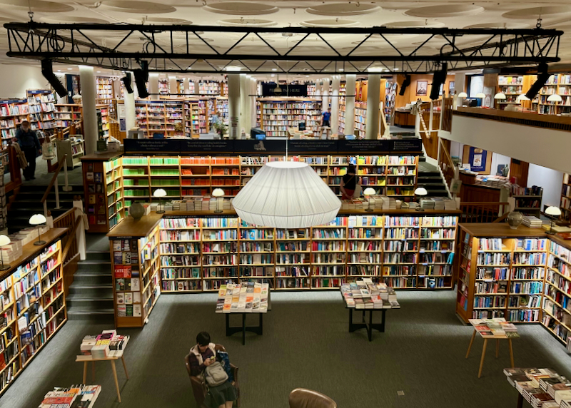 View looking over the vast collection of books in Blackwells Bookshop in Oxford.