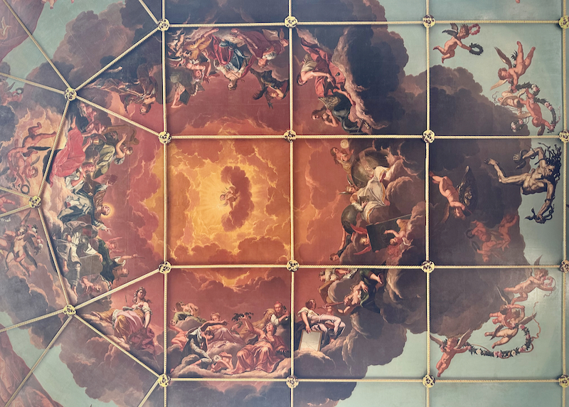 The ceiling mural from the Sheldonian Theatre in Oxford.