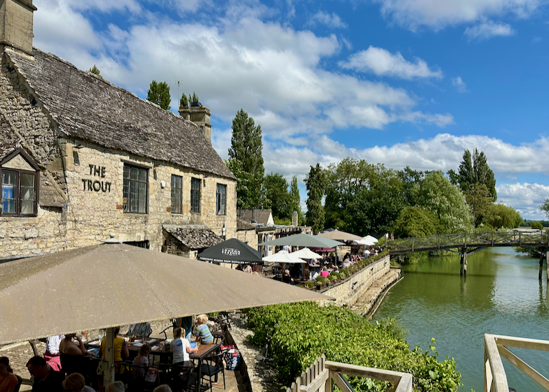 The scenic riverside terrace at the Trout Inn