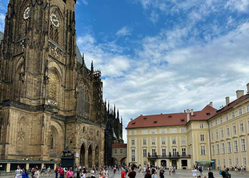 The amazingly detailed St Vitus Cathedral looms over the traditional buildings of Prague Castle