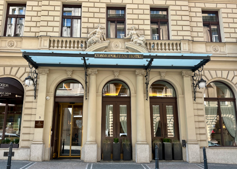 Elegant brick facade of a hotel in Prague