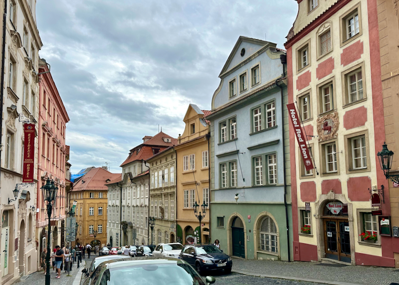 Street of colorful hotels and cafes in Prague 