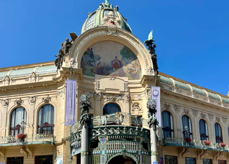 Elegant Art Nouveau facade of a concert hall in Prague