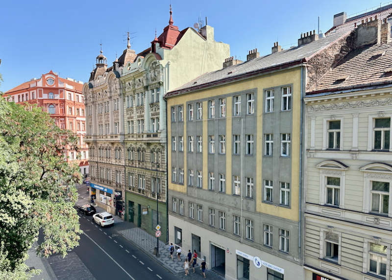 Overhead view of colorful buildings in Zizkov, Prague