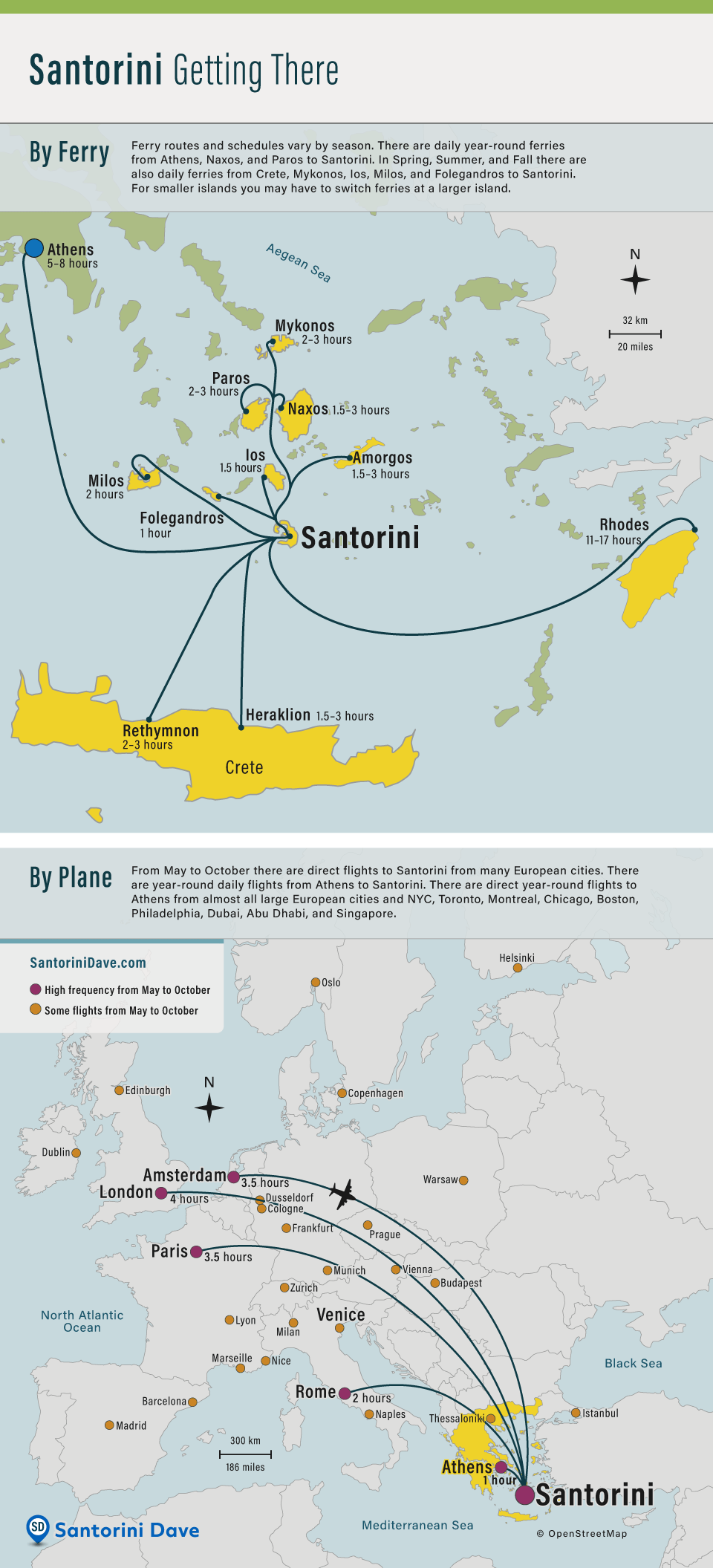 Map showing possible air and sea routes to Santorini, Greece