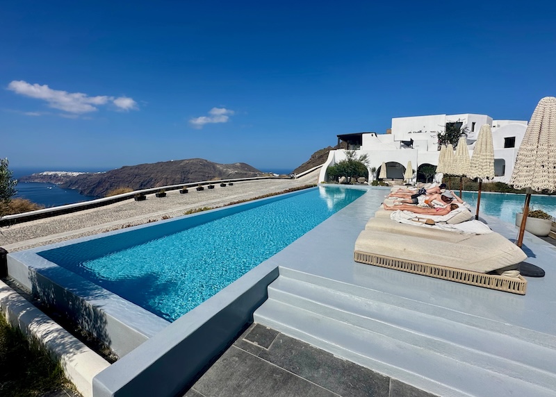 Two infinity pools facing toward the caldera at Nobu hotel in Santorini.