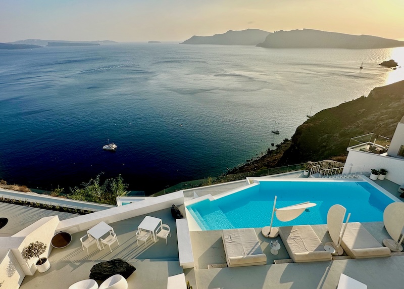 Almost sunset at the infinity pool above the caldera at Saint Hotel in Santorini.