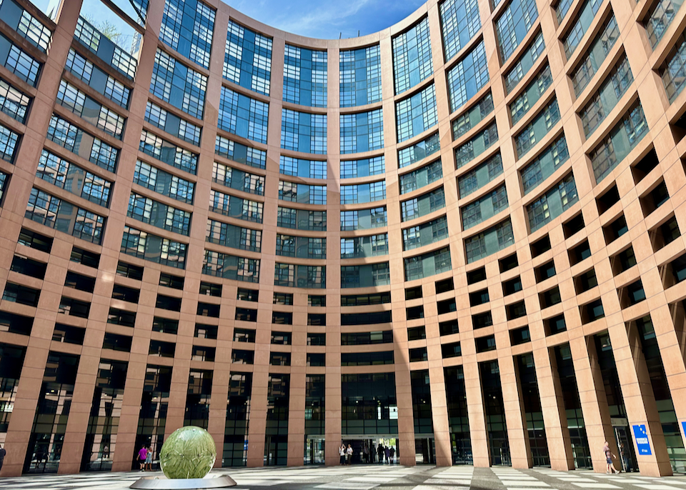 Tall and curved atrium at the European Parliament Building in Strasbourg