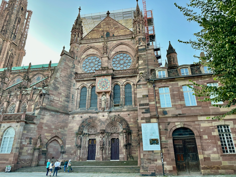 Exterior entrance of the gothic Notre-Dame cathedral in Strasbourg 