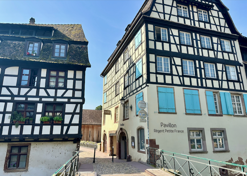 Bavarian-style timber-framed hotel on a river
