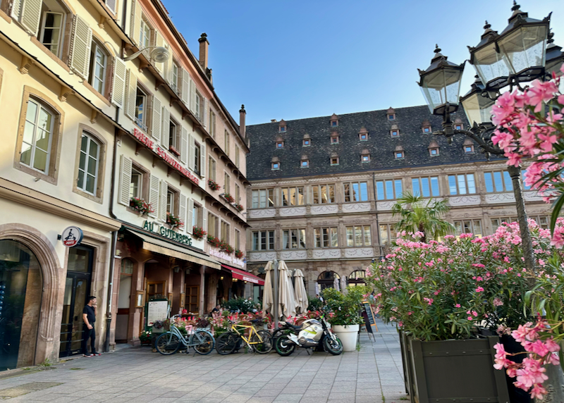 Pretty pedestrian plaza lined with Alsacian buildings