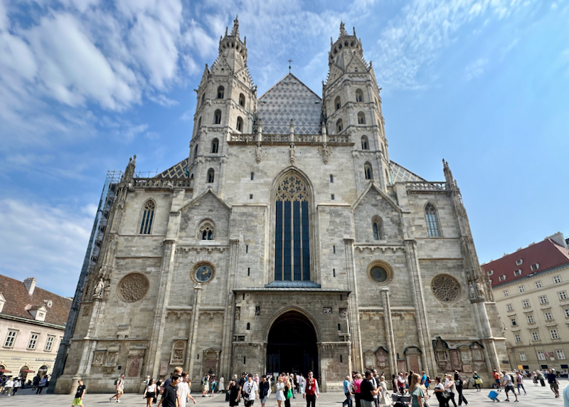 View looking up at a gothic church in Stephansplatz in Vienna