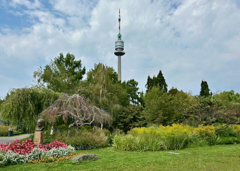 Large colorful observation tower in a manicured park