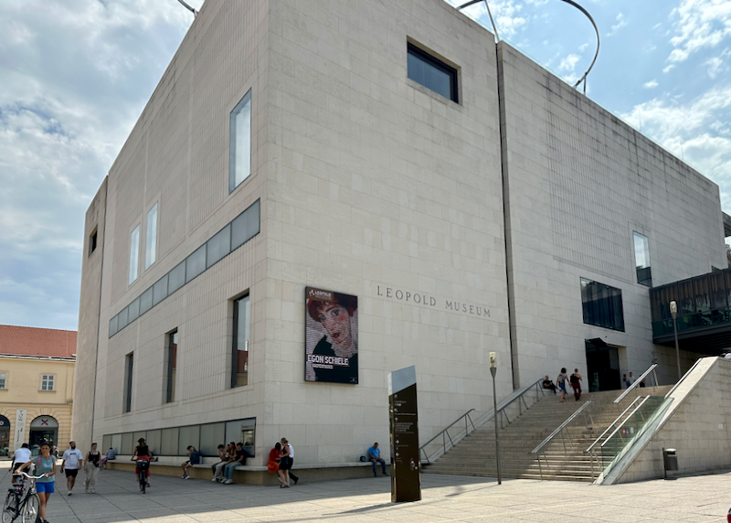 Corner view of the white, boxy Leopold Museum in Vienna