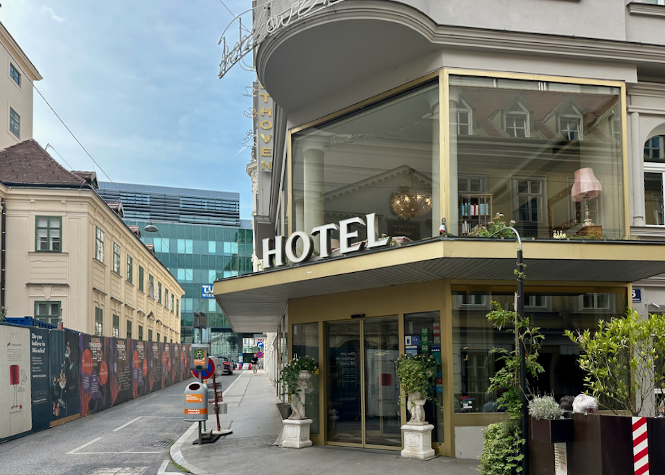 Hotel entrance on a corner with revolving door