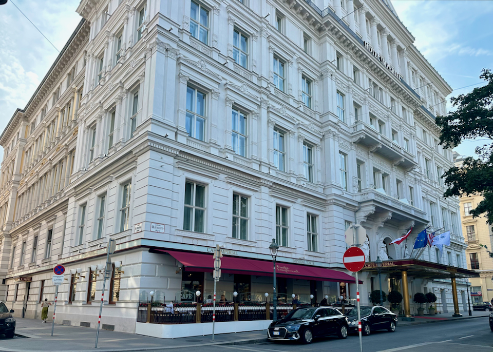 Corner view of a historic luxury hotel in Vienna.