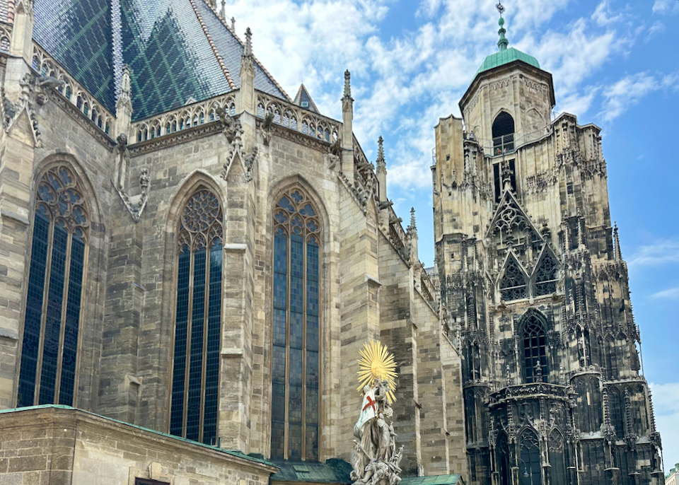 View looking up at the Gothic spires of St Stephan's church in Vienna.