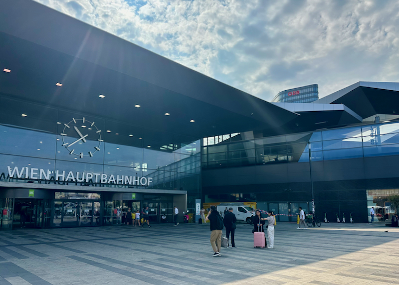 Exterior view of the modernist central train station in Vienna, Austria
