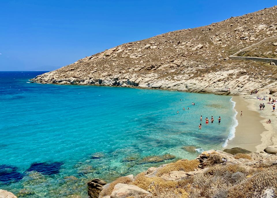 Beach in Mykonos in July.