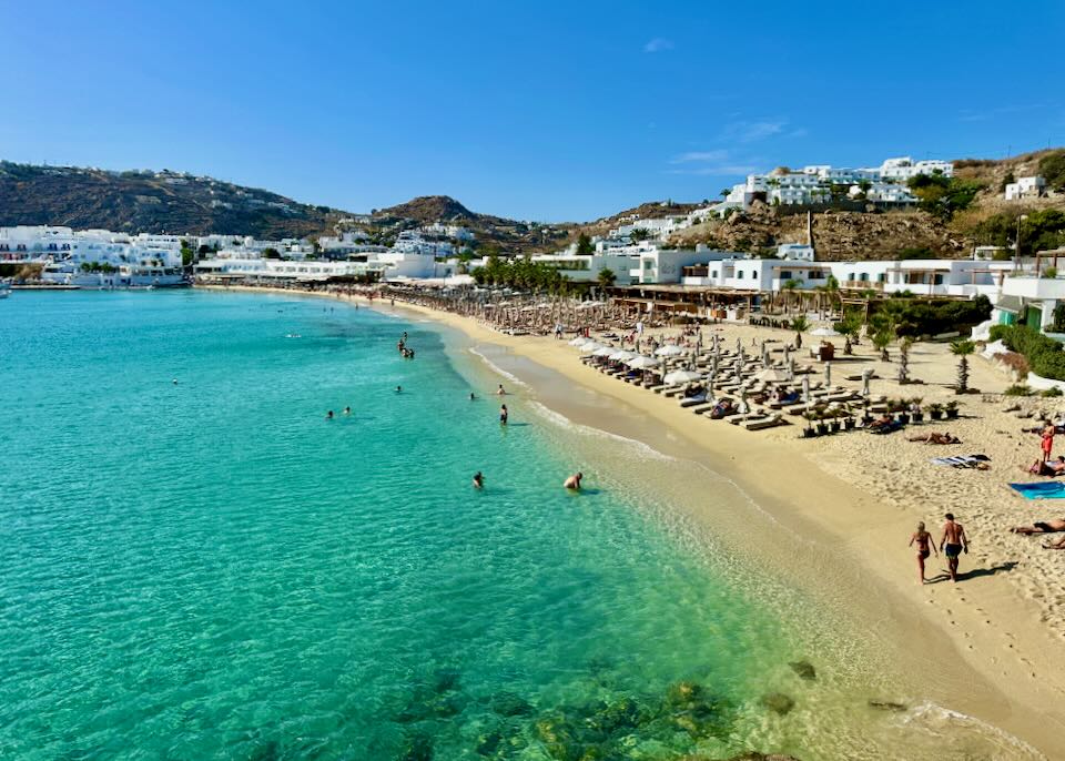 Platys Gialos Beach in Mykonos in September.