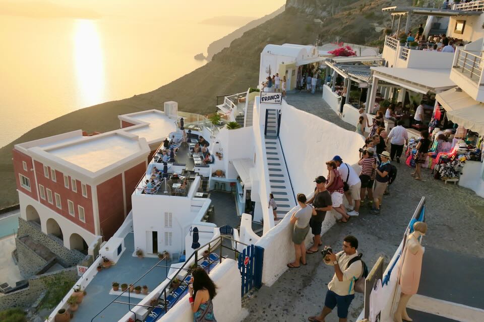 Fira, Santorini during a sunset in June.