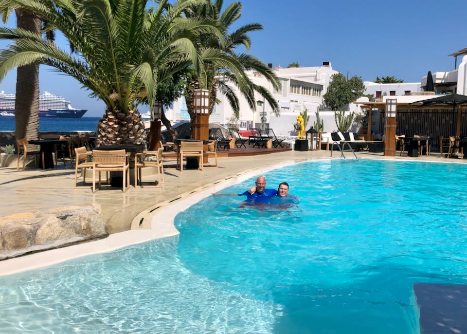 My son and I in Mykonos in July.