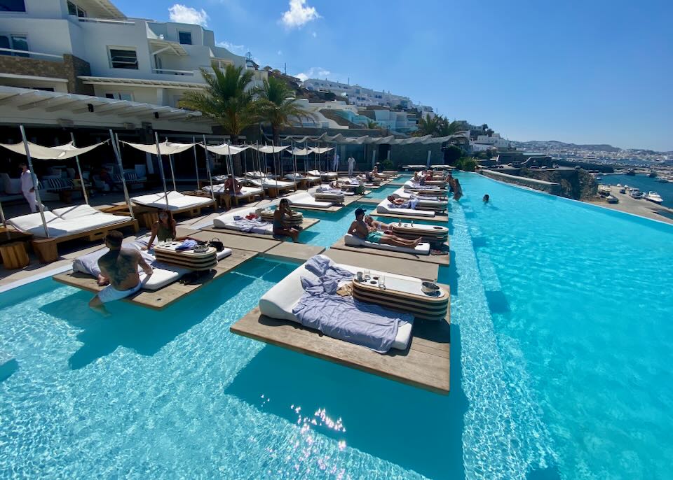 A Mykonos hotel with pool in August.