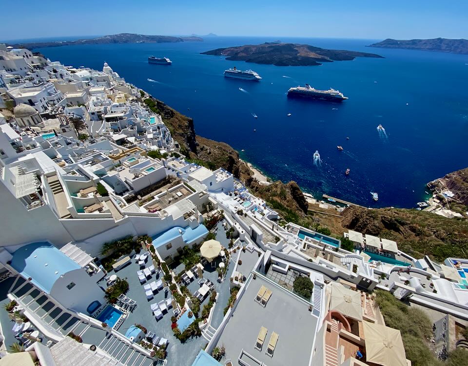 Boats in the Santorini caldera in June.