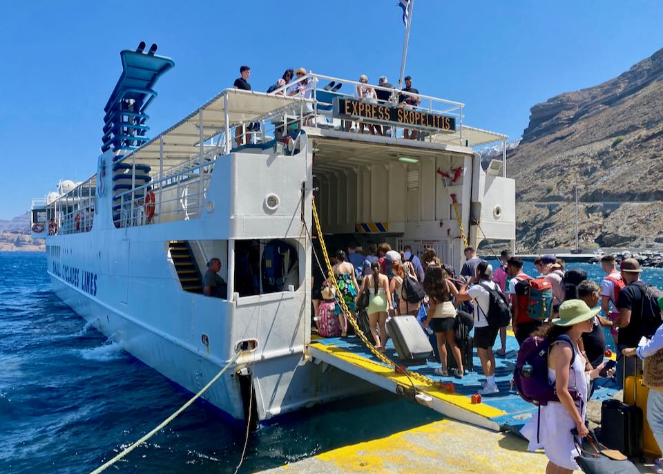 The Santorini ferry port in July.