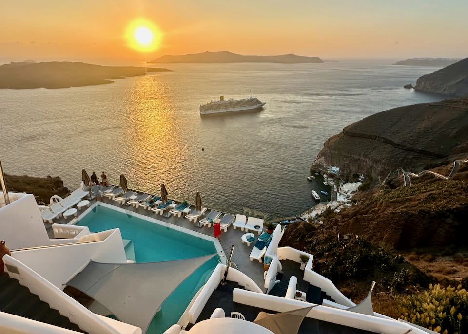 Fira hotel with sunset view.