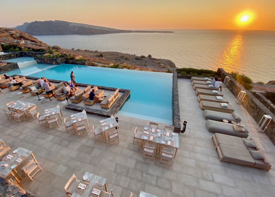 Oia hotel with sunset view.
