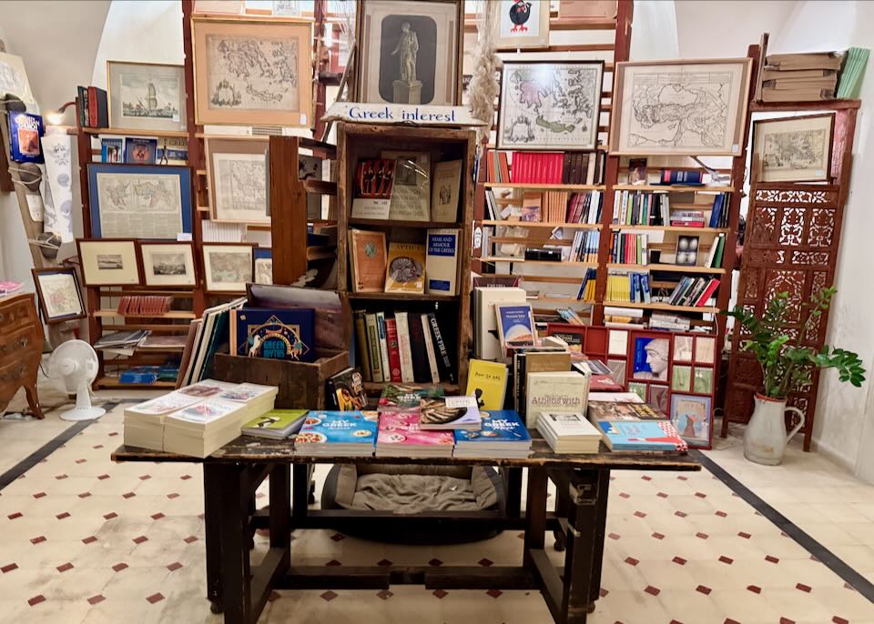 Greek books at Atlantis Books in Santorini.
