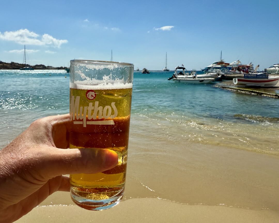 A drink on a Mykonos beach.