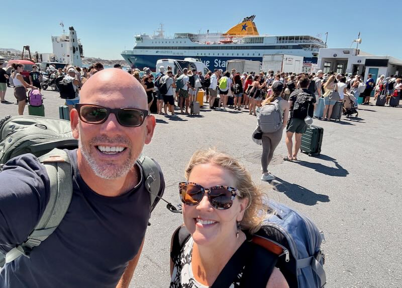 My wife and I boarding a Greek ferry as we island hop around the Cyclades.