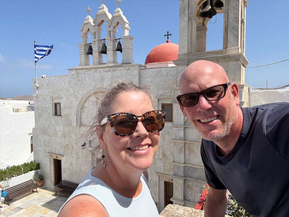 Me and my wife exploring Ano Mera in Mykonos.
