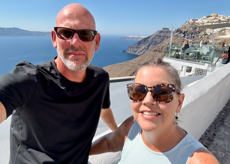 My wife and I in Fira, Santorini.