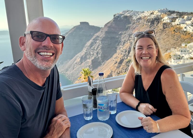 My wife and I in Santorini.