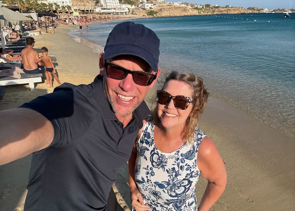 My wife and I on a Mykonos beach.