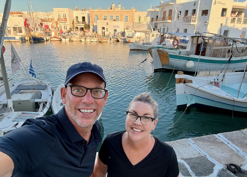 My wife and I in Naoussa, Paros. 