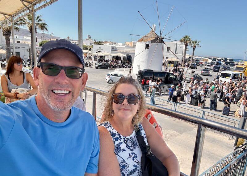 My wife and I on a ferry in Paros, Greece.