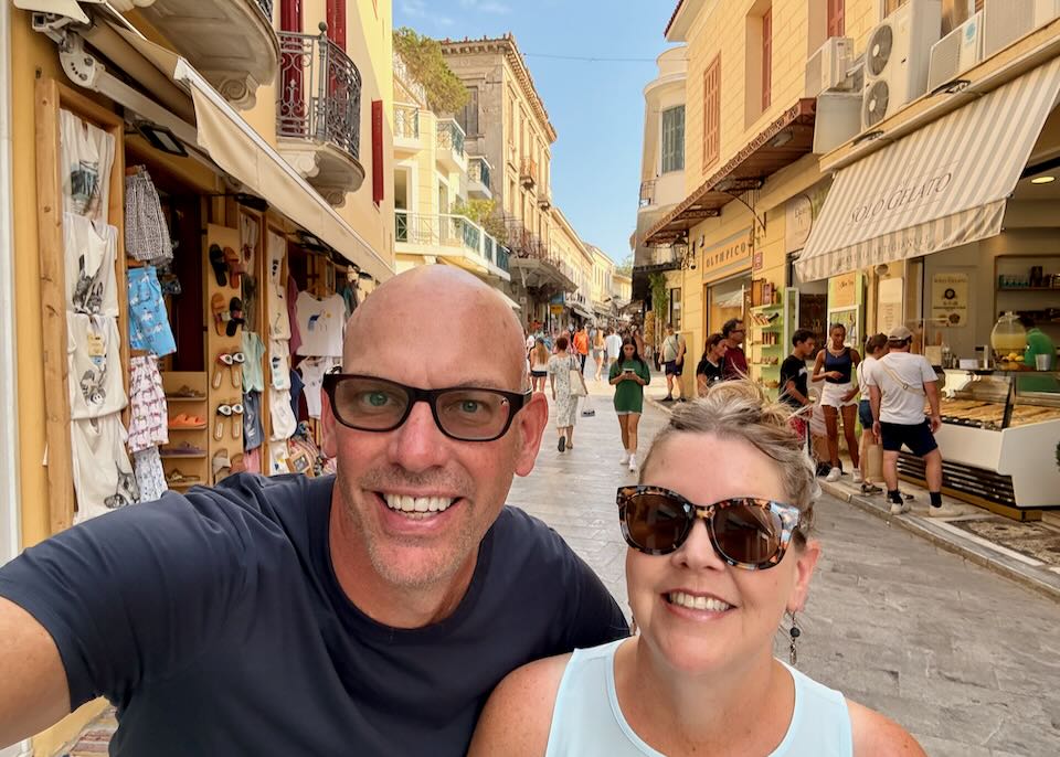 My wife and I in the Plaka, Athens.