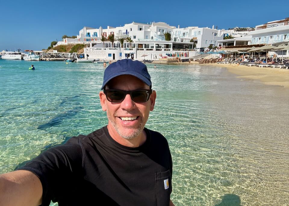 Me in Mykonos, with several hotels in background. 