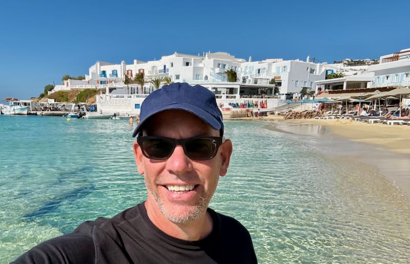 Me walking on a Mykonos Beach.