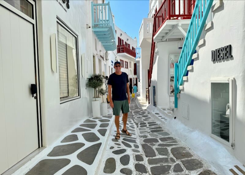 Me walking through Mykonos Town.