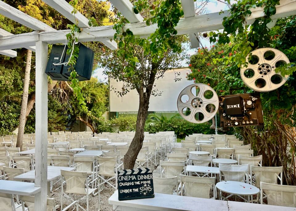 Outdoor cinema in Mykonos Town.