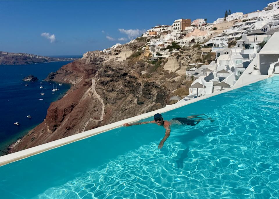Me swimming at the Katikies pool during our stay.