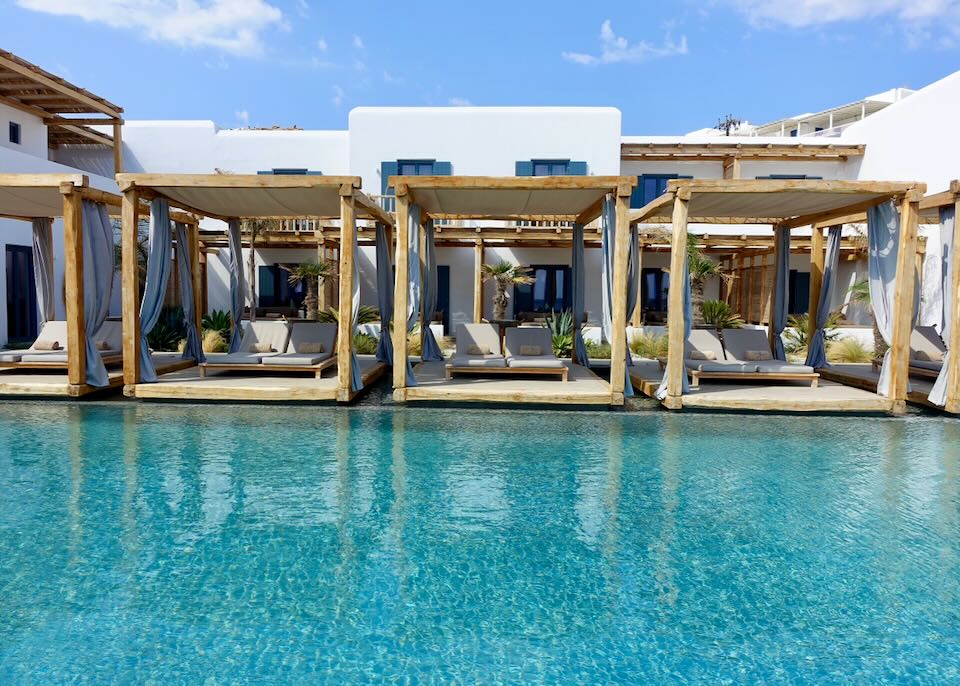 Pool directly on the beach in Platis Gialos, Mykonos.